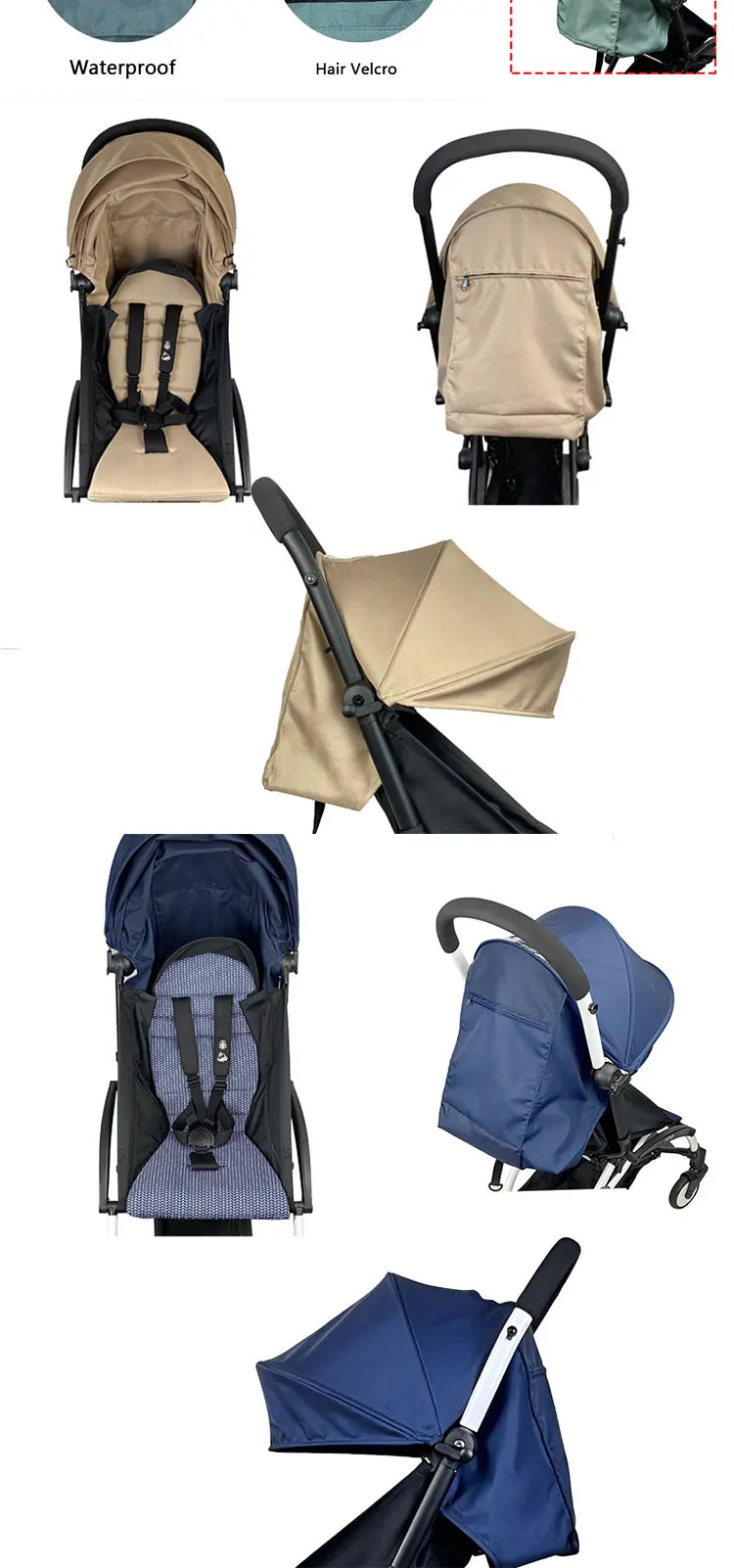 Stroller Canopy Cover and Padded Seat Set Compatible with Babyzen YOYO and YOYO2, 600D Replacement Fabric with Rear Zipper Pocket and Color Options