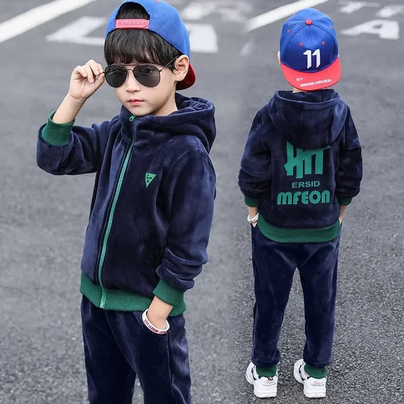 Boys Winter Tracksuit Set with Velvet-Texture Zip-Up Hooded Jacket and Matching Pants, 2-Piece Polyester Outfit for Ages 3-10