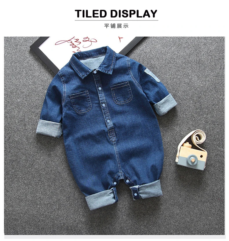 Collared Baby Denim Romper by IENENS with Chest Pockets and Snap Fastenings, Blue Long Sleeve One-Piece Outfit for Boys and Girls in 0-18M Sizes