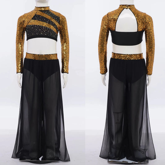 Girls Lyrical Dance Costume Set with Mock Neck Sparkle Top and Wide Leg Pants, Chiffon Overlay and Sleeveless Styles for Recitals and Stage Performances