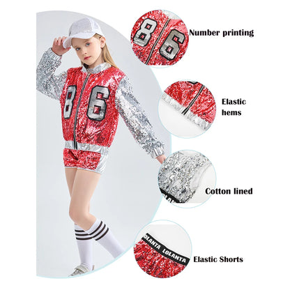 Girls Sequin Hip Hop Dance Costume Set with Metallic Trim Jacket, Crop Top, Shorts and Striped Socks for Jazz Recitals and Stage Performances