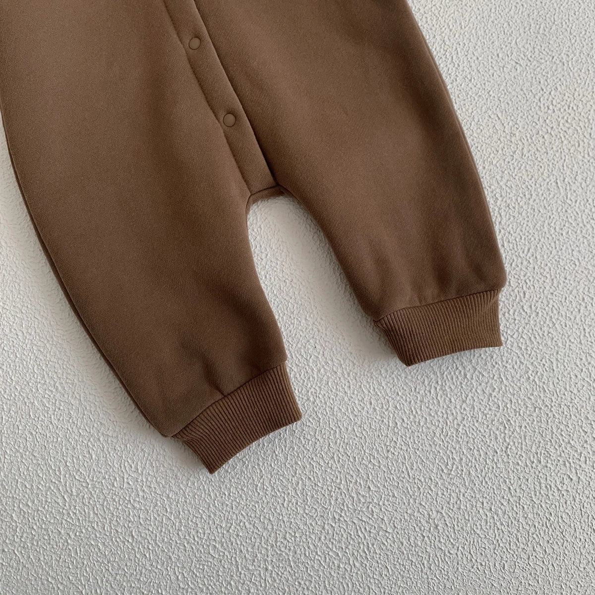 Baby Hooded Snap Front Jumpsuit with Bear Patch, Long Sleeve One-Piece Outfit in Coffee or Beige for Boys and Girls, Sizes 3M-18M