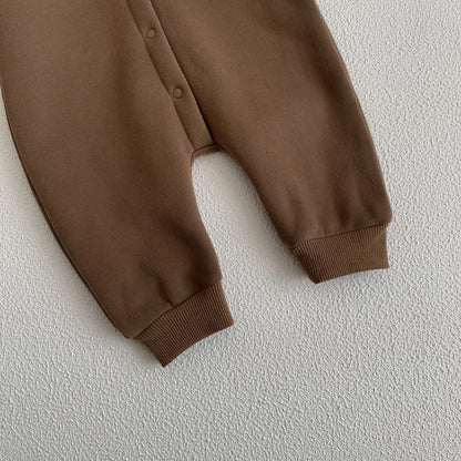 Baby Hooded Snap Front Jumpsuit with Bear Patch, Long Sleeve One-Piece Outfit in Coffee or Beige for Boys and Girls, Sizes 3M-18M
