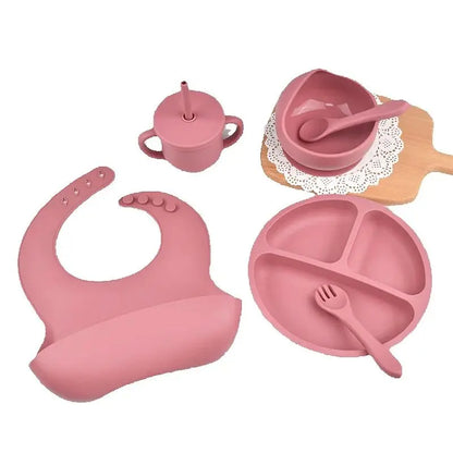 Silicone Suction Feeding Set, 10-Piece Panda Baby Tableware with Divided Plate, Bowl, Pocket Bib, Straw Cup and Two Utensil Pairs in Nine Colors