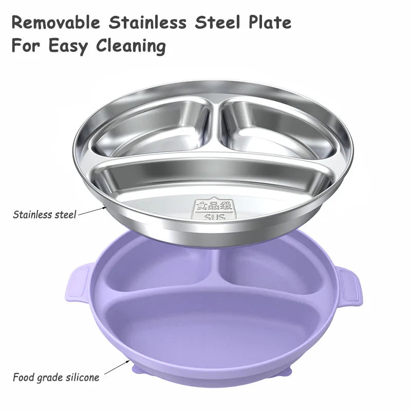 Stainless Steel Baby Feeding Set, 4-Piece Tableware with Three-Section Suction Plate, Handled Bowl, Spoon and Fork in Four Colors