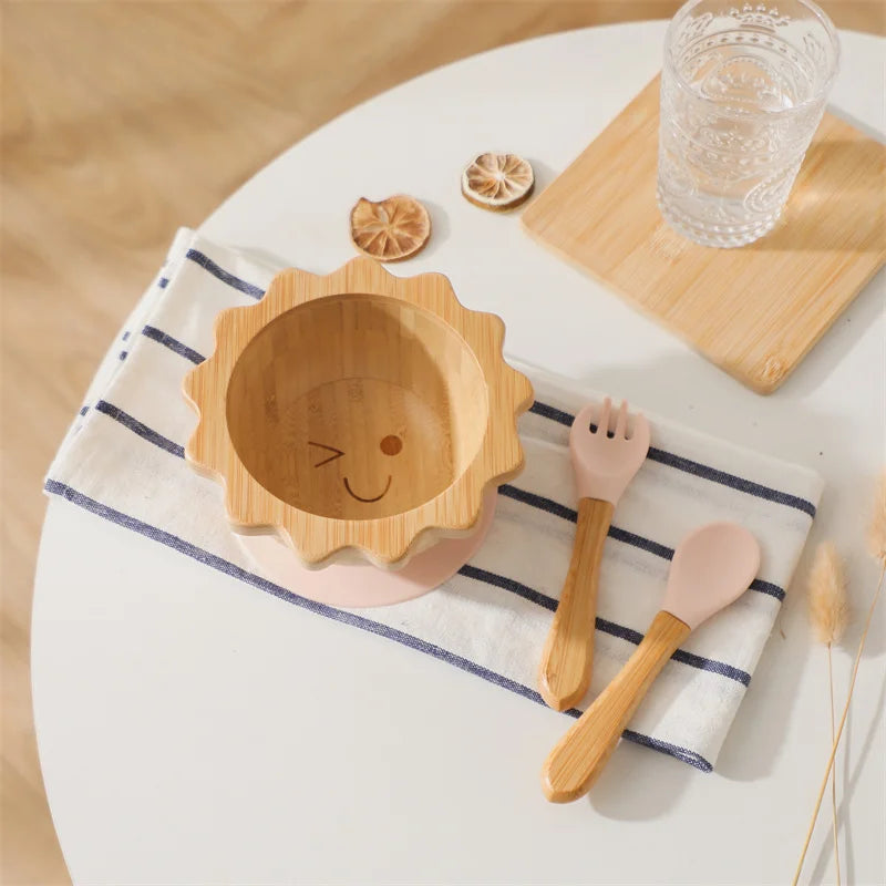 Bamboo Baby Suction Bowl and Tableware Options, Sun, Cloud and Dinosaur Designs with Single-Piece or 3-Piece Wooden-Handle Utensil Sets