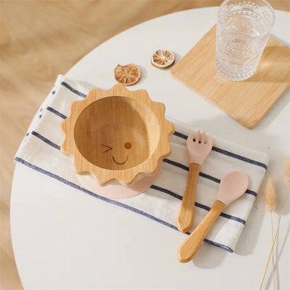 Bamboo Baby Suction Bowl and Tableware Options, Sun, Cloud and Dinosaur Designs with Single-Piece or 3-Piece Wooden-Handle Utensil Sets