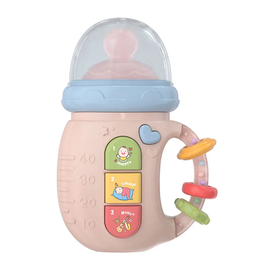 Bottle-Shaped Musical Baby Rattle with Light-Up Top, Three Picture Buttons and Colorful Handle Rings for Supervised Sensory Play and Gifts