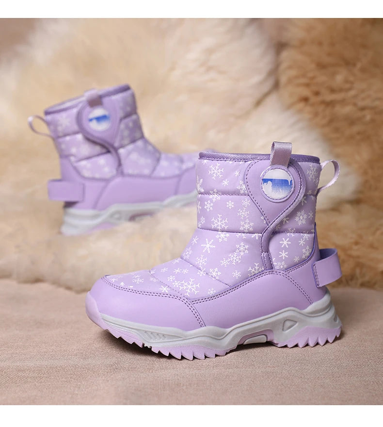 Snowflake Print Kids Winter Boots with Padded Shafts, Pull Tabs and Chunky Tread Soles, Pink Snow-Style Footwear for Boys and Girls