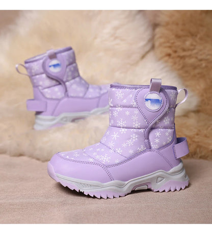 Snowflake Print Kids Winter Boots with Padded Shafts, Pull Tabs and Chunky Tread Soles, Pink Snow-Style Footwear for Boys and Girls