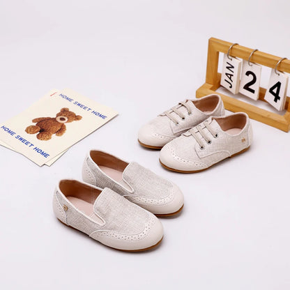 Children Dress Flats in Classic Loafer and T-Strap Styles, Beige Occasion Shoes for Boys and Girls, Weddings, Parties and Family Photos