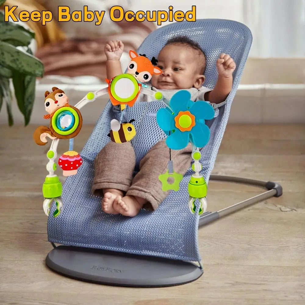 Adjustable Baby Activity Arch with Clamp-On Animal Toys, Colorful Stroller Play Bar for Supervised Sensory Exploration and Baby Shower Gifts
