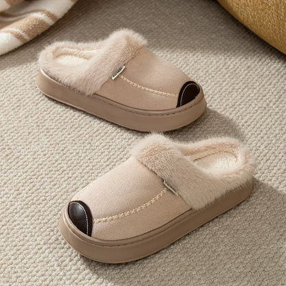 Plush Lined House Slippers with Thick Soles and Decorative Stitching, Cozy Slip-On Indoor Home Shoes in Brown, Beige or Black, Sizes 36-45