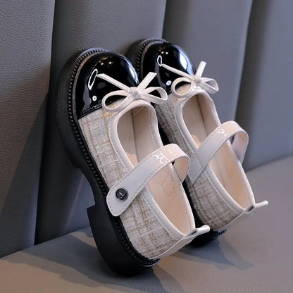 Girls Patchwork Mary Jane Shoes with Bow Detail, Glossy Round Toe and Textured Panels in Black or Beige for Spring Fall Dressy Outfits
