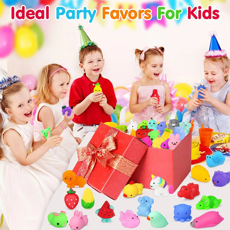 Mochi Squishy Party Favors, Mini Animal and Fruit Squeeze Fidget Toys in Random Assorted Packs for Birthday Goodie Bags and Classroom Prizes