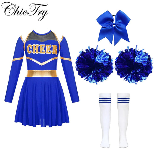 Girls Cheerleader Dress Set with Pom Poms, Bow and Striped Socks, Long Sleeve Mesh-Detail Dance Costume for School Events and Stage Performances