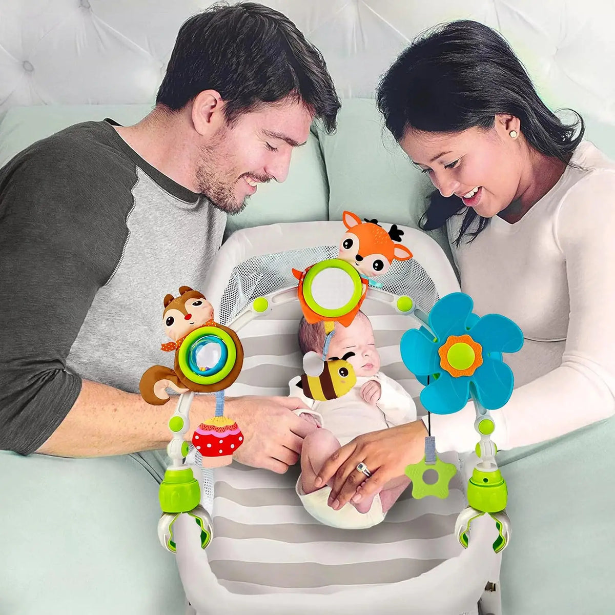 Adjustable Baby Activity Arch with Clamp-On Animal Toys, Colorful Stroller Play Bar for Supervised Sensory Exploration and Baby Shower Gifts