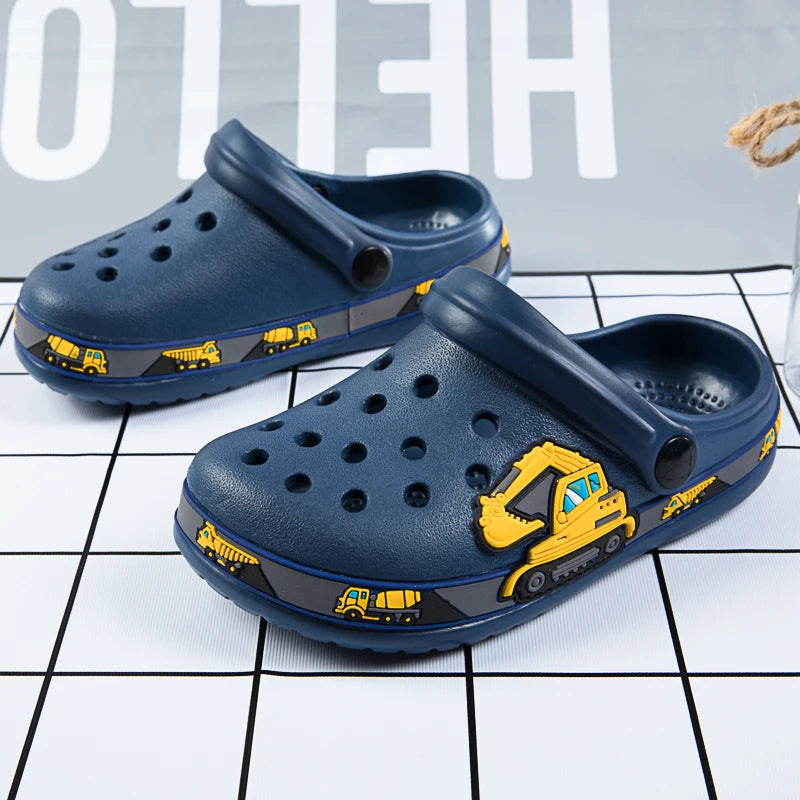 Dinosaur Kids Garden Clogs with Ventilation Holes and Pivoting Heel Strap, Closed-Toe Slip-On Summer Shoes for Boys and Girls Casual Outfits
