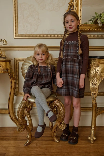 Sibling Matching Brown Plaid Clothing with Dress, Romper, Pants and Knitwear Options, AS AW26 Chestnut Styles for Babies, Kids and Teens