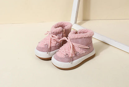 Toddler Plush Ankle Boots with Lace-Up Front, Rubber Soles and Fluffy Trim for Boys and Girls, Beige Black or Pink Cool-Weather Shoes