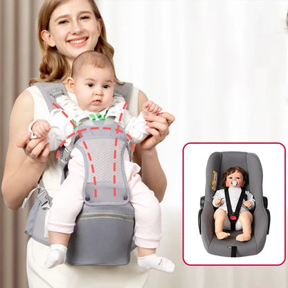 Front and Back Baby Carrier with Hip Seat, Adjustable Buckle Straps and Wide Waist Belt, Gray or Dark Blue Babywearing for Family Outings