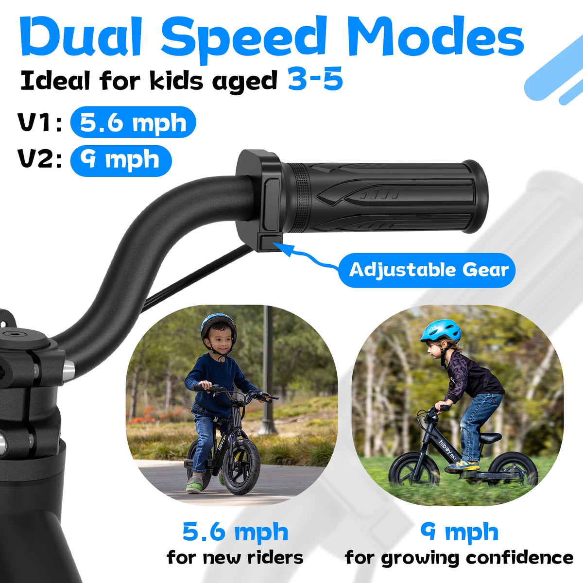Kids Electric Balance Bike Hiboy BK1 with 12-Inch Tires, Adjustable Seat and Front V-Brake, Up to 9 MPH and 4.9-Mile Range for Ages 3–5