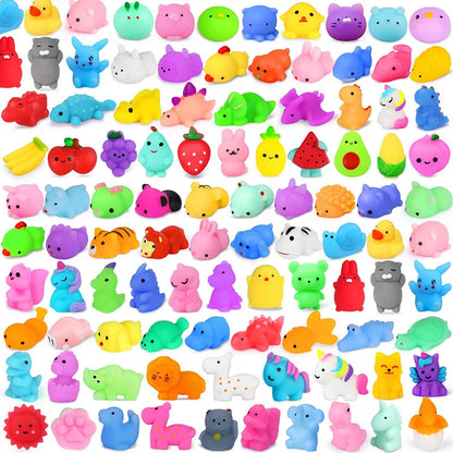 Mochi Squishy Party Favors, Mini Animal and Fruit Squeeze Fidget Toys in Random Assorted Packs for Birthday Goodie Bags and Classroom Prizes