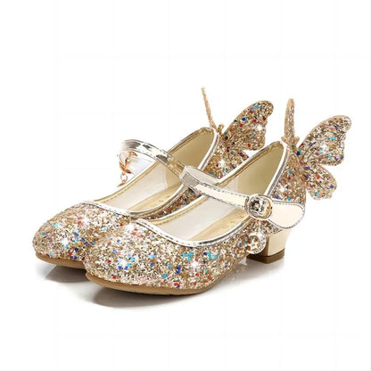 Girls Butterfly Glitter Dress Shoes with Sparkling Wing Accents, Buckled Strap and Block Heel for Princess Parties, Weddings and Special Outfits