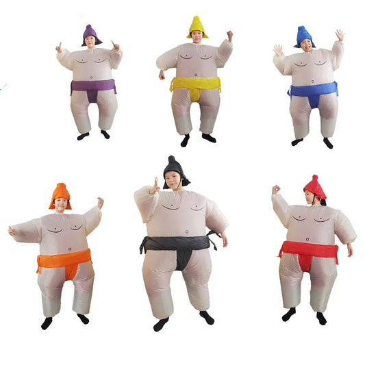 Inflatable Sumo Costume for Kids and Adults, Oversized Wrestler-Style Blow-Up Suit with Colorful Belt Design for Halloween and Cosplay Parties