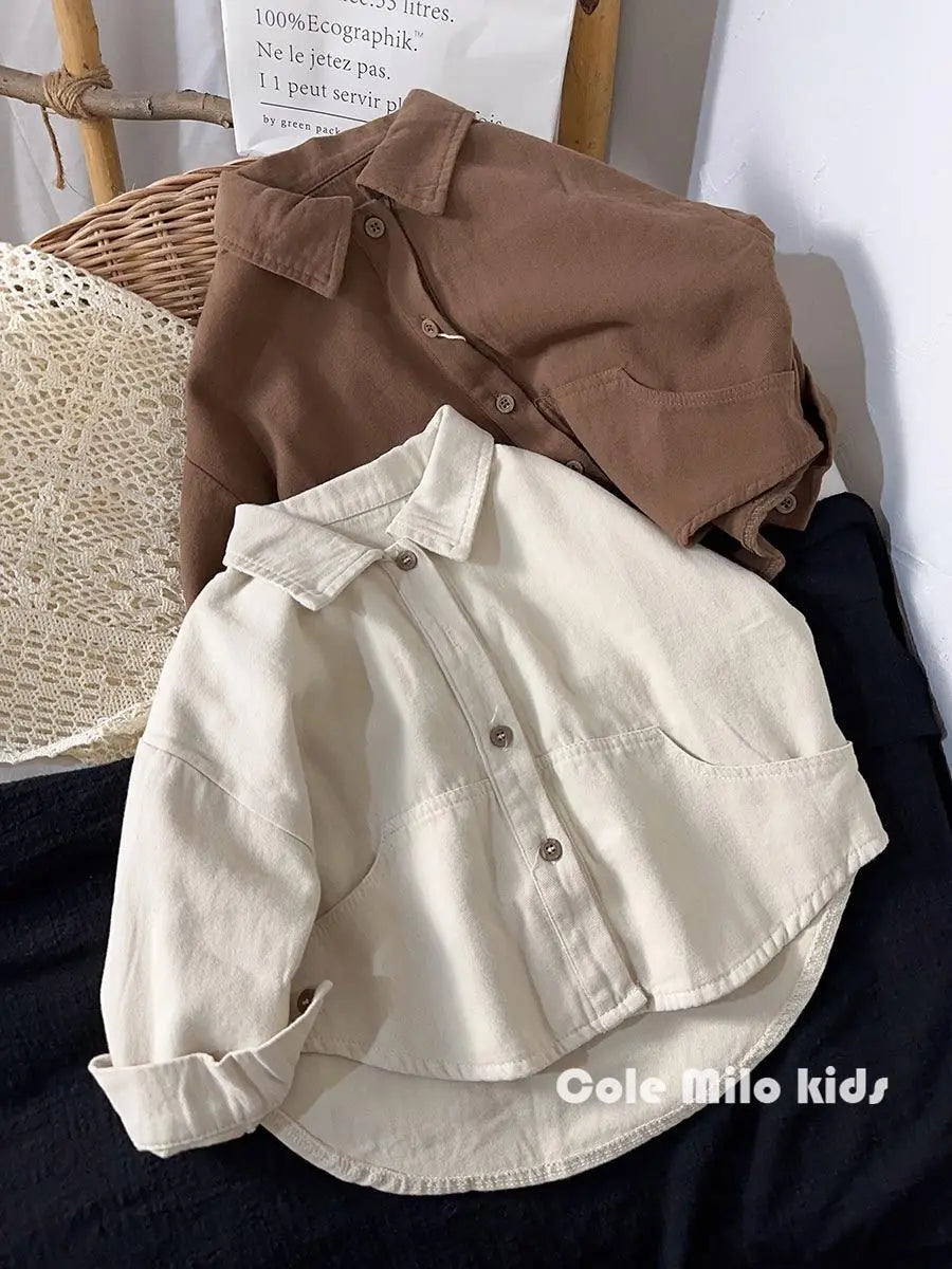 Baby and Toddler Collared Button-Up Shirt with Long Sleeves and Chest Pocket, Beige or Brown Unisex Casual Top for Spring and Fall Family Outfits