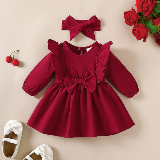 Infant Girls Long Sleeve Dress and Headband Set with Ruffle Shoulders and Bow, Spring and Fall Party Outfit for Babies 1-18 Months