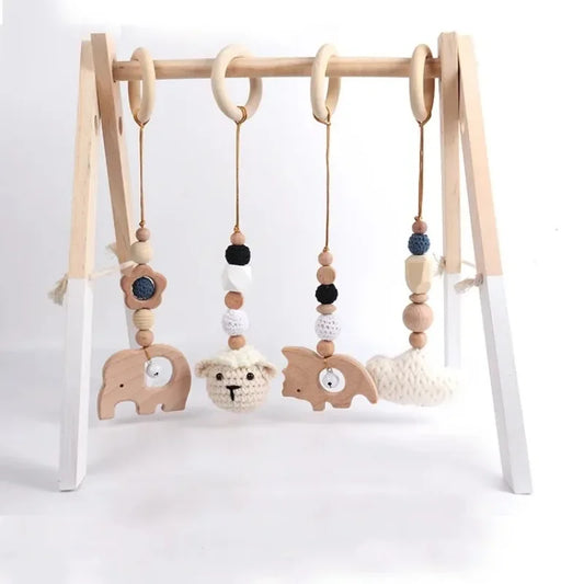 Beech Wood Baby Gym Toy Set, 4 Hanging Animal Pendants with Yarn Details and 5.8 cm Rings for Supervised Looking and Reaching, Frame Not Included