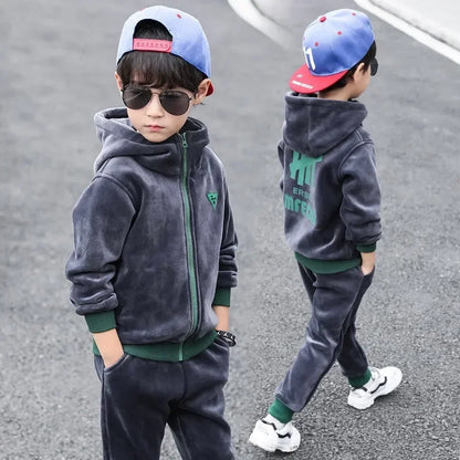 Boys Winter Tracksuit Set with Velvet-Texture Zip-Up Hooded Jacket and Matching Pants, 2-Piece Polyester Outfit for Ages 3-10
