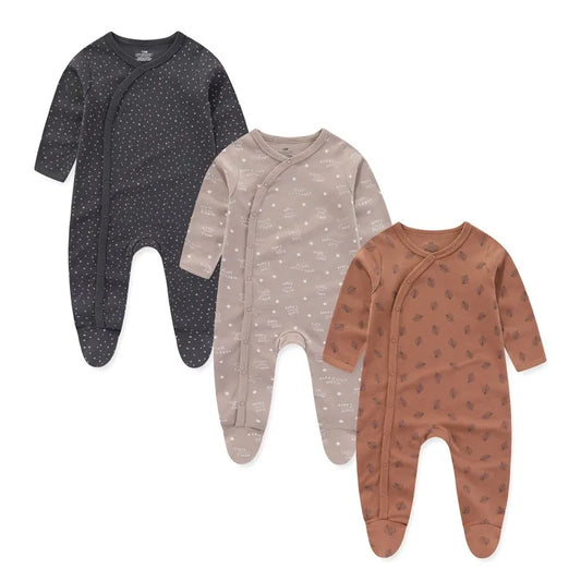 Baby Zip-Front Footed Rompers 3-Pack with Long Sleeves, Printed Infant One-Piece Outfits in Neutral and Pastel Styles for Boys and Girls