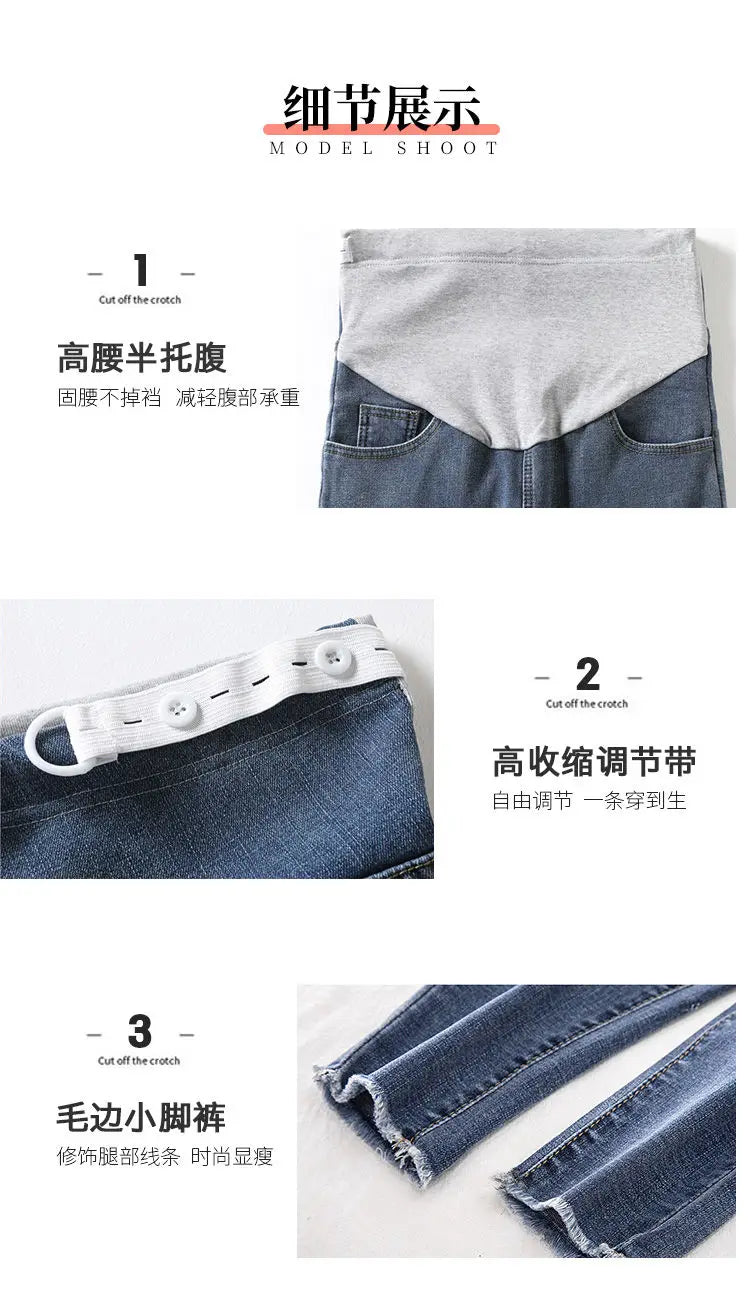 Maternity Denim Jeans with Over-Belly Panel, Blue Pregnancy Pants with Frayed Hem Styling, M-2XL Options for Everyday Casual Outfits