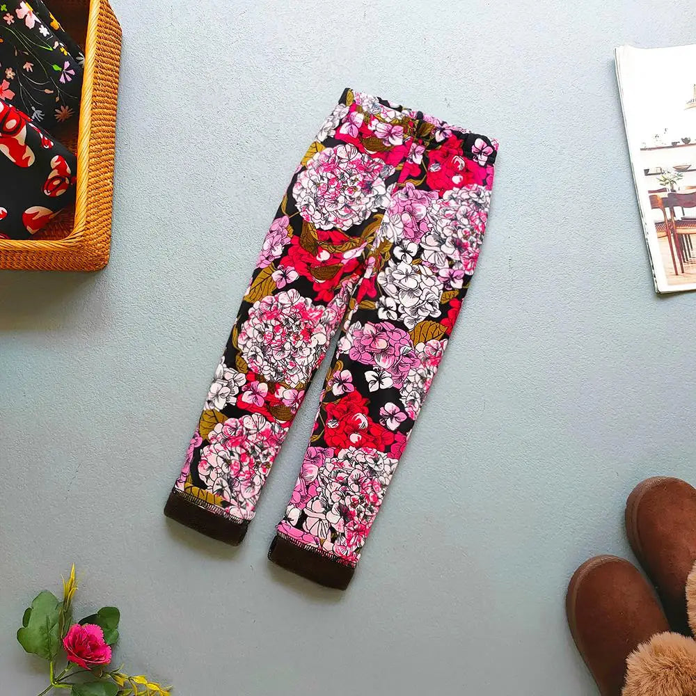 Printed Lined Leggings for Girls, Plush-Textured Winter Pants with Floral Heart and Pattern Options for Toddler and Kids Outfits, Sizes 2-3T to 10-11
