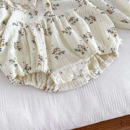 Lace Collar Baby Girl Romper with Bonnet, Cream Floral Long Sleeve Bubble One-Piece and Matching Hat for Spring Photos, Sizes 66-90