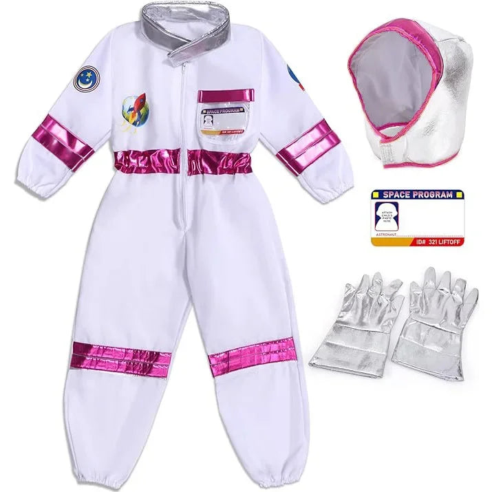 Space Explorer Costume for Kids with White Astronaut Jumpsuit, Space-Themed Patches and Metallic Trim Options for Halloween and Birthday Parties