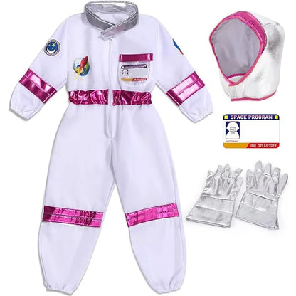 Space Explorer Costume for Kids with White Astronaut Jumpsuit, Space-Themed Patches and Metallic Trim Options for Halloween and Birthday Parties