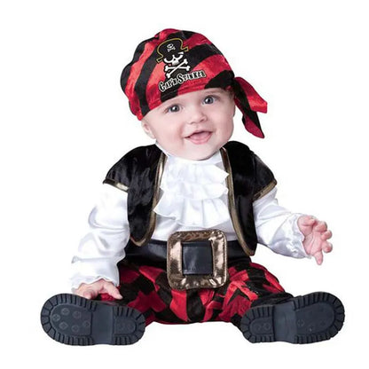 Infant Pirate Romper Costume Set with Vest, Head Scarf and Belt, Cotton Blend Red Stripe Outfit for Baby and Toddler Halloween Parties