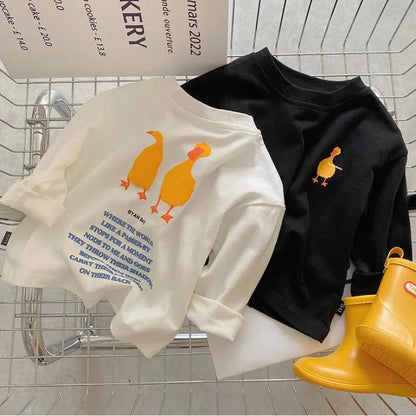Duck Print Kids Long Sleeve T-Shirt with Crewneck and Letter Graphic, Loose Cotton Casual Top in White or Black for Spring Outfits, Sizes 90-140