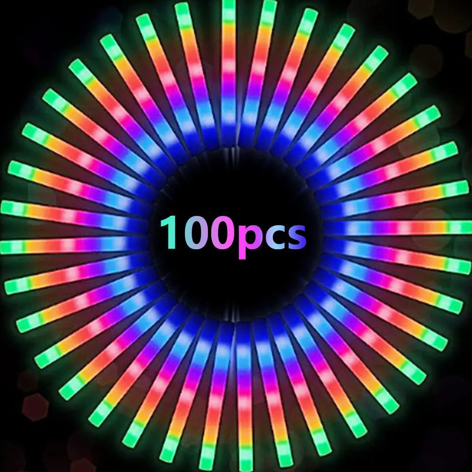 Bulk RGB LED Glow Sticks, 100-Pack Light-Up Foam Cheer Tubes with 3 Flashing Modes and Included Batteries for Weddings, Birthdays and Christmas Parties