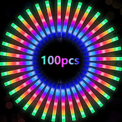 Bulk RGB LED Glow Sticks, 100-Pack Light-Up Foam Cheer Tubes with 3 Flashing Modes and Included Batteries for Weddings, Birthdays and Christmas Parties