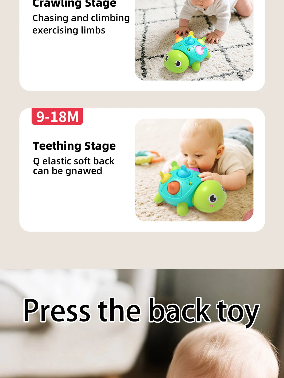 Crawling Turtle Toy with Lights and Sound, Colorful Press-and-Pop Shell Activity Toy for Supervised Baby Floor Play and Gift Giving