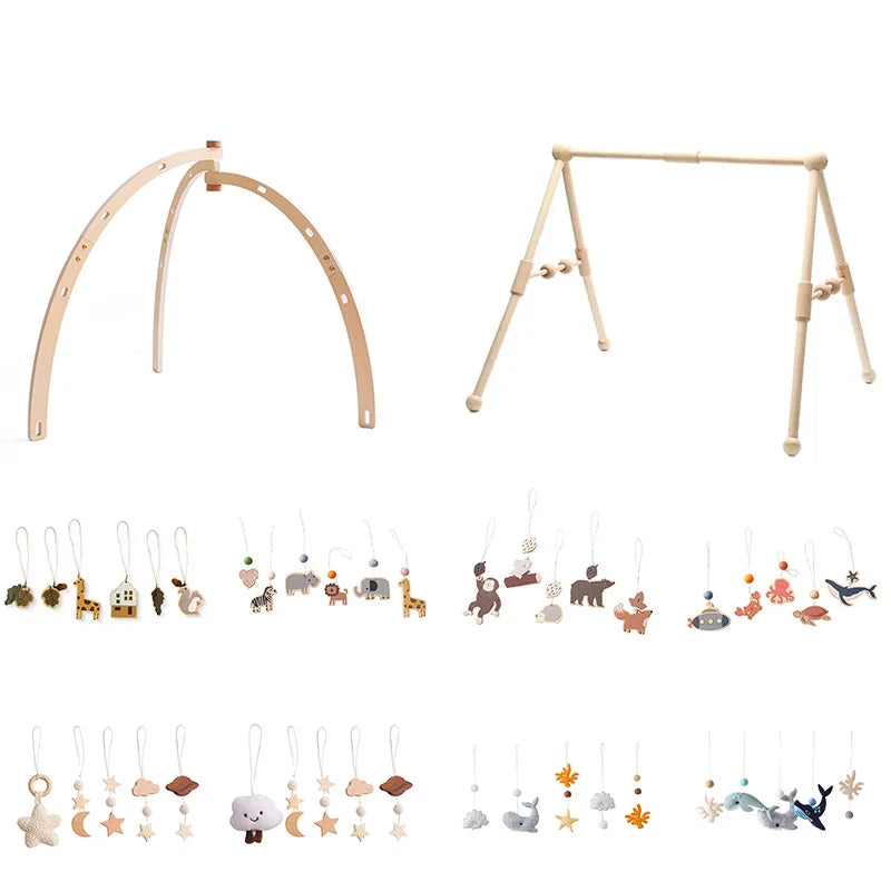 Baby Gym Hanging Toys in Wood and Cotton with Animal, Star and Moon Pendant Designs, Individual or Set Options for Supervised Play