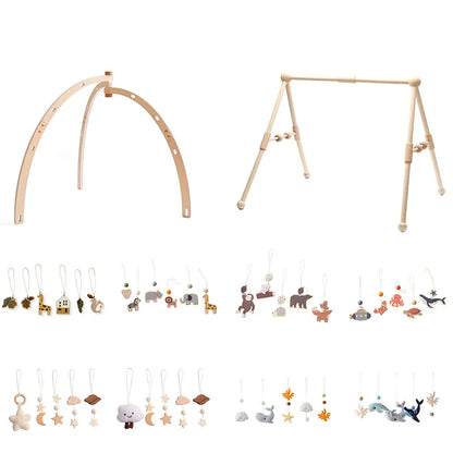 Baby Gym Hanging Toys in Wood and Cotton with Animal, Star and Moon Pendant Designs, Individual or Set Options for Supervised Play