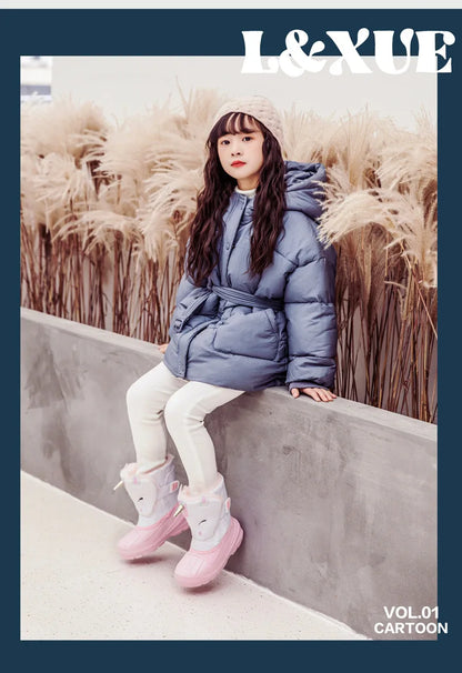 Kids Unicorn Winter Boots with Plush Trim, Gold-Tone Horn and Ear Details, Pink and White Fantasy-Themed Cold-Weather Footwear for Girls
