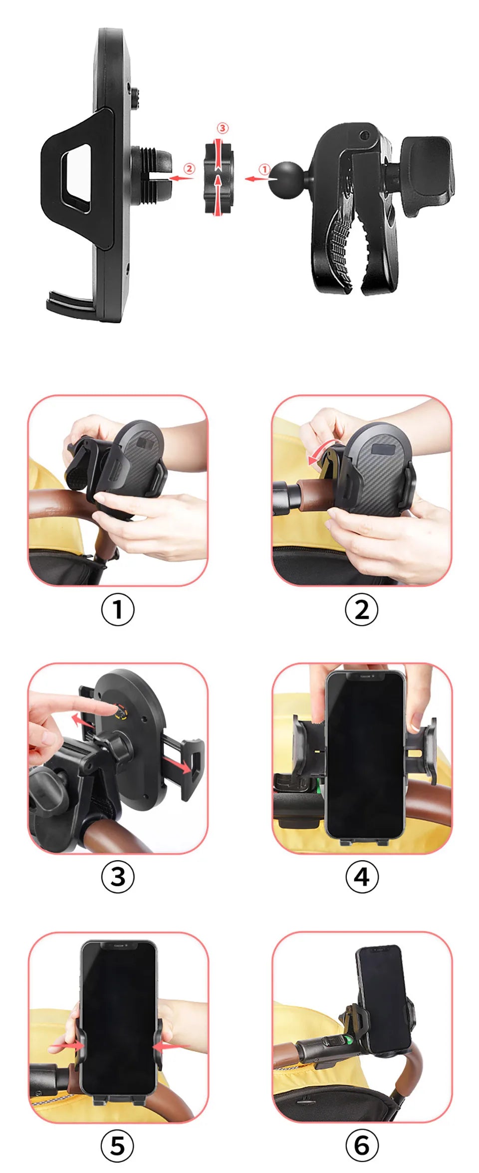 Stroller Drink and Phone Holder with Handlebar Clamp, Black Cup and Bottle Organizer with Separate Phone Cradle for Parent Walks and Family Outings