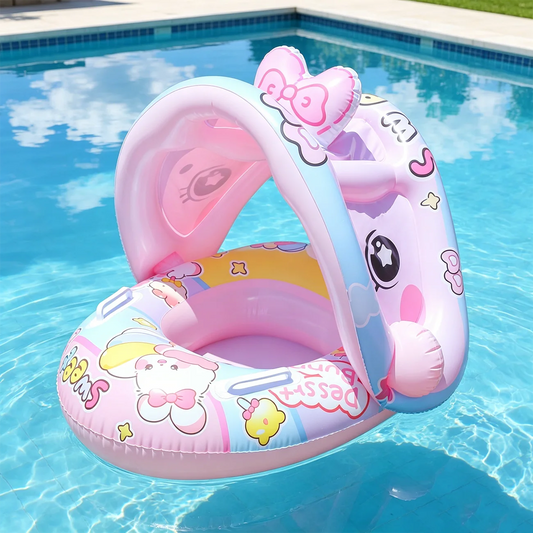 Rabbit-Style Inflatable Pool Float with Canopy and Seated Ring Design, Kids Water-Play Accessory for Closely Supervised Pool Time