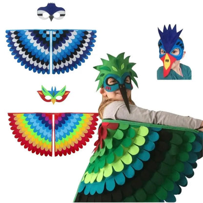 Kids Bird Wings and Mask Costume Set with Layered Felt Feather Cape, Colorful Animal Dress-Up for Halloween, Birthday Parties and Stage Performances